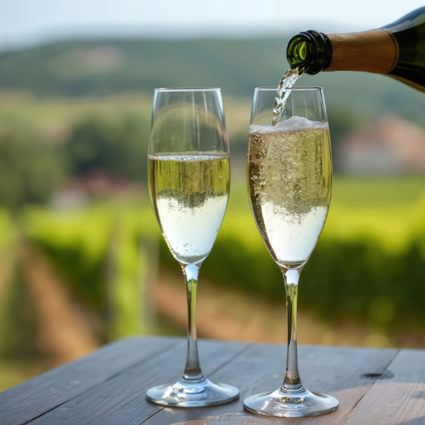 Champagne pouring into flutes outdoors. Romantic tasting of brut demi-sec white sparkling wine. Beautiful French vineyards as background. Elegant event. Special glasses used for tasting. Location in
